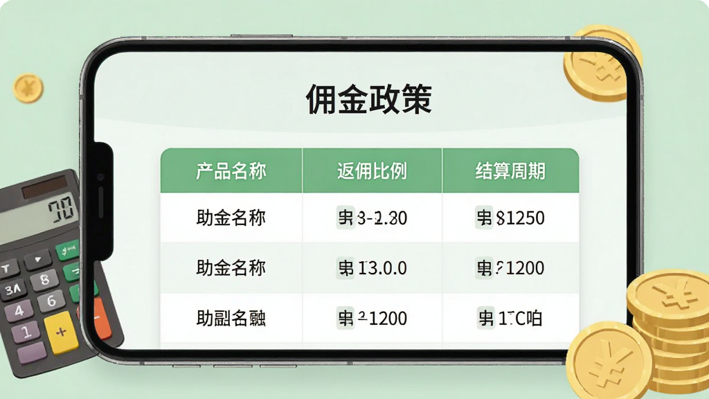 一张展示助融圈APP返佣政策页面的手机界面图,画面中手机屏幕显示一个表格,表格内有产品名称、返佣比例和结算周期,表格上方有“佣金政策”标题。背景为浅绿色,周围有计算器和金币图标。风格为商务简洁,细节清晰,画质干净,无多余元素。