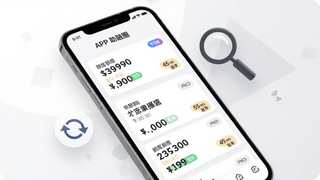 一张展示助融圈APP产品列表页面的手机截图风格图片,画面中手机屏幕显示多个贷款产品卡片,每个卡片上有额度数字和利率标签,卡片按顺序排列。手机旁边漂浮着放大镜和刷新箭头图标,背景为白色和浅灰色几何图形。风格为现代科技感UI,细节清晰,画质干净,无多余元素。