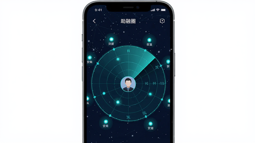 一张展示助融圈APP智能匹配功能的手机界面图,画面中手机屏幕显示一个雷达扫描动画,周围有多个光点代表不同贷款产品,中心是一个用户头像图标。背景为深蓝色星空,雷达波为青绿色。风格为科技简约,细节精致,画质高清,无多余元素。