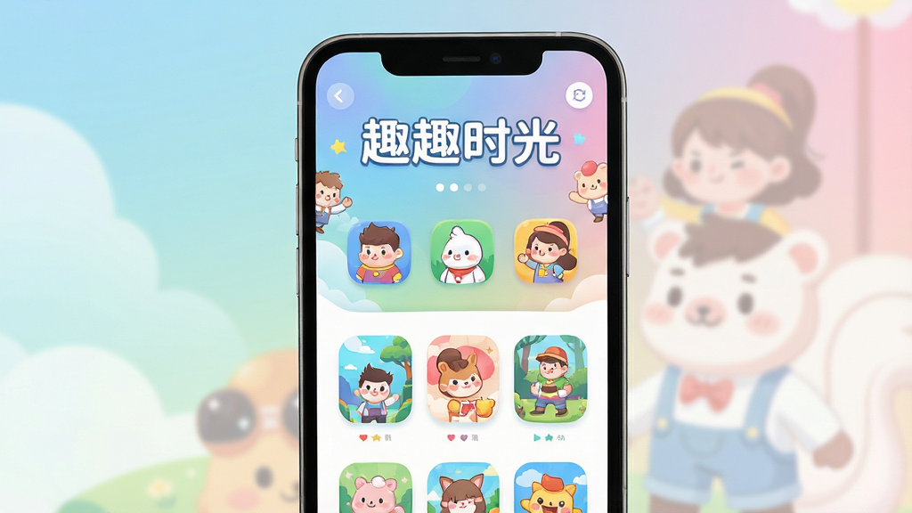 主体是一个清新风格的手机应用界面展示,布局为居中放置一部智能手机,屏幕内显示色彩明快的休闲游戏合集界面,排版上标题文字“趣趣时光”位于画面上方中央,风格为扁平化插画风,细节包含圆润的图标、柔和的渐变背景、卡通角色点缀,画质为高清干净,无多余元素