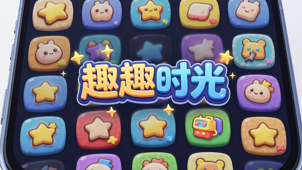 主体是手机屏幕中呈现多个游戏图标组成的矩阵,布局为环绕式排列,排版上软件名称“趣趣时光”以艺术字形式悬浮在中央,风格为3D卡通渲染,细节包含闪耀的星星、彩色的游戏图标、柔光效果,画质为超高清,干净无杂乱元素