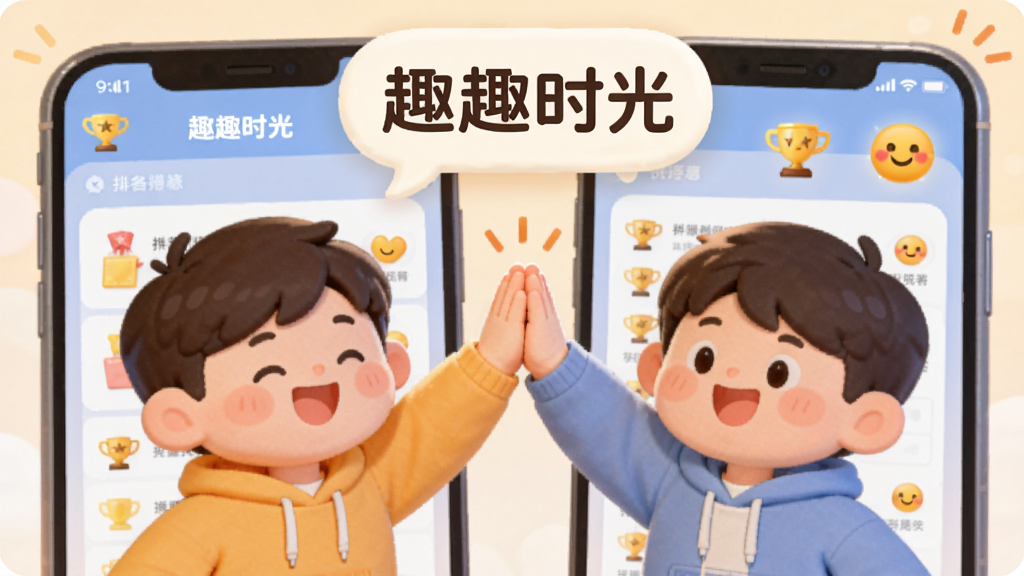 主体是两个卡通人物在手机屏幕前击掌庆祝,布局为左右对称,排版上软件名称“趣趣时光”以气泡对话框形式出现在上方,风格为温馨治愈系插画,细节包含排行榜界面、奖杯图标、笑脸表情,画质为柔和明亮,干净清爽