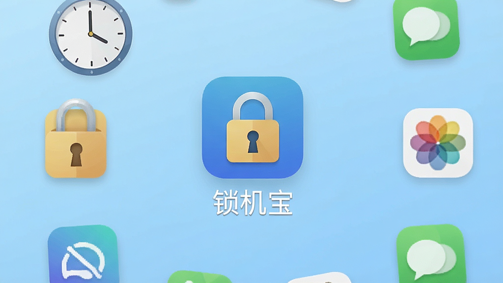 一张展示锁机宝软件主界面的手机屏幕截图,画面中央是锁机宝应用图标与名称,背景为浅蓝色渐变,周围环绕着时钟、锁形图标、应用图标等元素,布局简洁清晰,风格现代扁平化,细节丰富,画质清晰,干净,无多余元素
