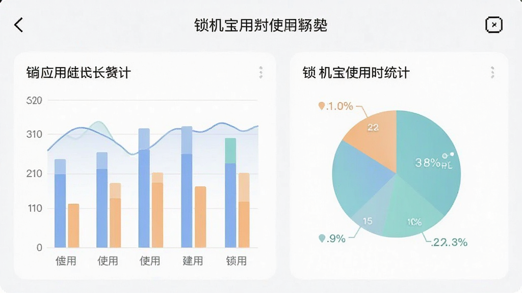 一张展示锁机宝使用时长统计页面的手机截图,画面中以柱状图和饼图展示不同应用的使用时长占比,配色柔和,布局清晰,风格数据可视化,细节丰富,画质干净,无多余元素