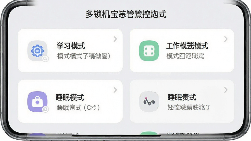 一张展示锁机宝多模式管控方案选择界面的手机截图,画面中排列着学习模式、工作模式、睡眠模式等选项卡片,每张卡片配有对应图标和简短说明,背景为浅灰色,布局整齐,风格清新,细节清晰,画质干净,无多余元素