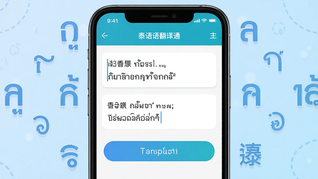 一张展示泰语翻译通软件主界面的手机应用截图,画面中央是一部智能手机,屏幕上显示着泰语翻译通的应用界面,界面包含中文和泰文双语输入框以及翻译按钮,背景为简洁的浅蓝色渐变,周围环绕着泰文符号和中文字符的装饰元素,整体风格清新科技感,画质清晰干净,无多余元素
