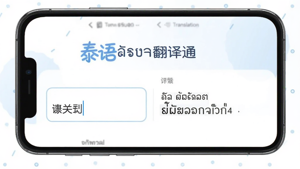 一张展示泰语翻译通文本翻译功能的界面截图,画面中手机屏幕显示中文输入框和泰文输出结果,界面简洁明了,背景为白色搭配淡蓝色点缀,屏幕上方有泰语翻译通的软件名称标识,整体风格清爽,画质清晰,干净无多余元素