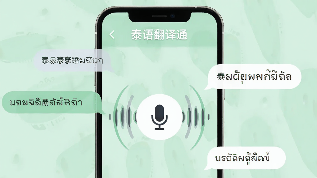 一张展示泰语翻译通语音翻译功能的手机界面截图,画面中手机屏幕显示麦克风图标和声波波纹,界面周围有中文和泰文的对话气泡,背景为柔和的浅绿色,屏幕上方标注泰语翻译通软件名称,整体风格现代简洁,画质清晰,干净无多余元素