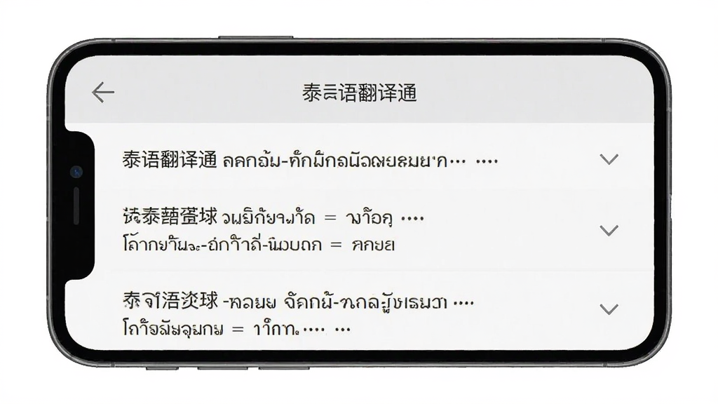 一张展示泰语翻译通翻译记录功能的手机界面截图,画面中手机屏幕显示翻译历史列表,每条记录包含中文和泰文对照内容,界面布局整齐,背景为浅灰色,屏幕上方标注泰语翻译通软件名称,整体风格简约,画质清晰,干净无多余元素