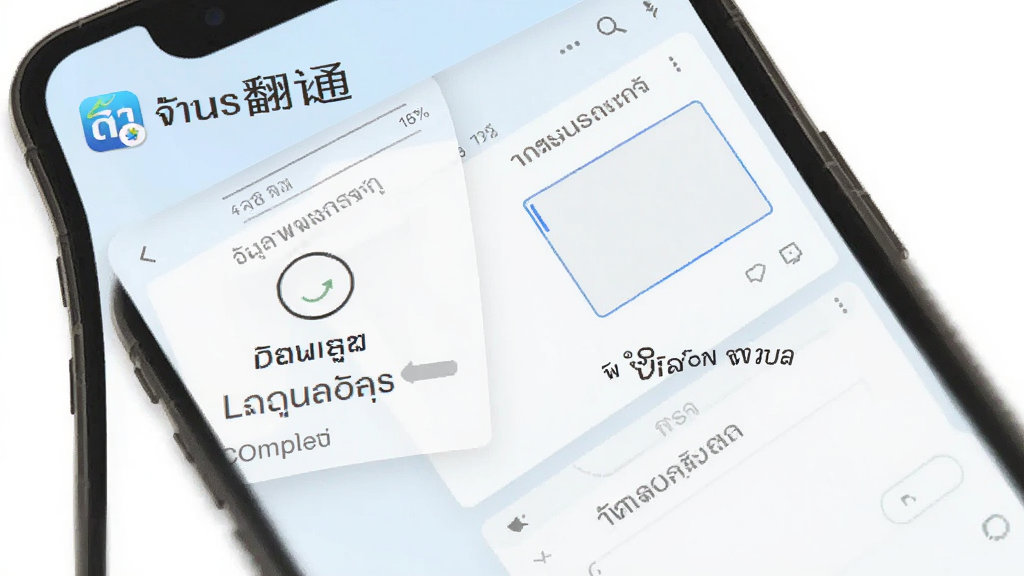 一张展示泰语翻译通离线翻译功能的手机界面截图,画面中手机屏幕显示离线语言包下载完成状态和离线翻译输入界面,界面简洁,背景为淡蓝色,屏幕上方有泰语翻译通软件名称,整体风格清晰,画质干净,无多余元素