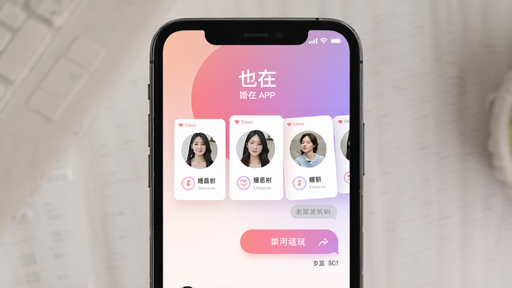 一张展示手机屏幕的图片,屏幕中央显示“也在”APP的婚恋社交界面,包含用户头像卡片和聊天按钮,背景为柔和的粉紫色渐变,画面干净整洁,风格温馨现代,画质清晰,无多余元素