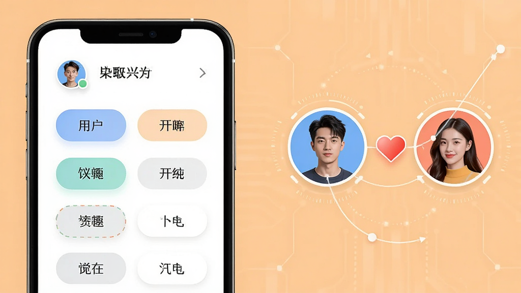 一张展示“也在”APP智能匹配功能的示意图,画面左侧是用户兴趣标签面板,右侧是匹配成功的双人头像与爱心连接线,背景为浅橙色,风格现代科技感,布局左右对称,细节清晰,无杂乱元素
