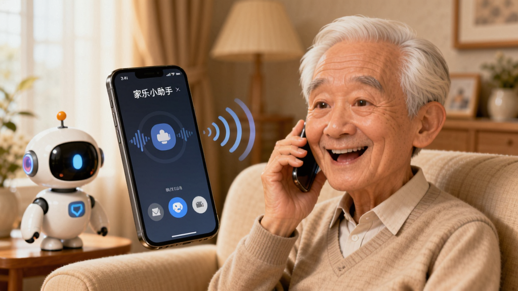 一位白发老人坐在沙发上对着手机说话,手机屏幕显示“家乐小助手”语音交互界面,声波图案跳动,旁边有一个可爱的AI机器人形象,背景是温暖的家居环境,风格卡通写实结合,细节表现语音波纹和老人开心的表情,画质清晰干净,无多余元素
