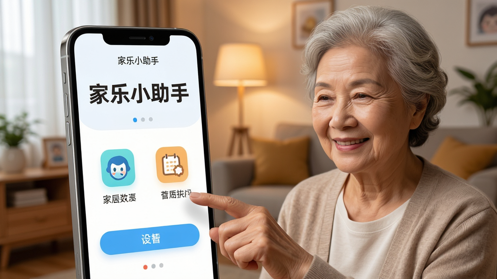 画面中央一部大屏幕智能手机,屏幕上显示“家乐小助手”APP主界面,界面字体硕大、图标清晰,一位慈祥的老年女性微笑着用手指轻触屏幕,背景是温馨的家居客厅,暖色调灯光,布局简洁明了,风格写实温馨,细节表现手机UI的按钮和文字,画质清晰干净,无多余元素