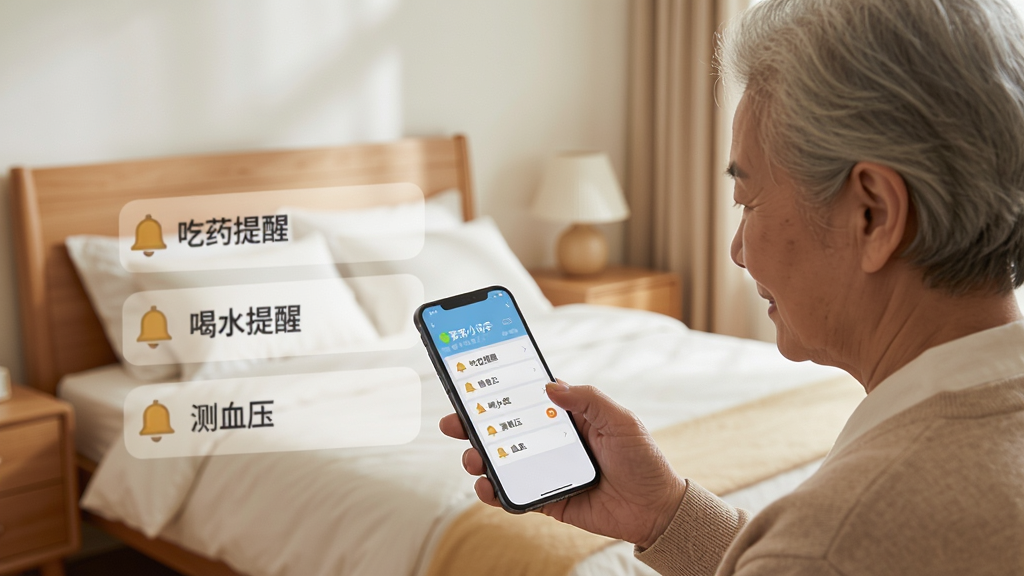 手机屏幕显示“家乐小助手”提醒设置界面,列表中有“吃药提醒”“喝水提醒”“测血压”等大字选项,旁边有铃铛图标,一位老人正在看手机,背景是整洁的卧室,风格温馨简洁,细节表现提醒列表和图标,画质清晰干净,无多余元素