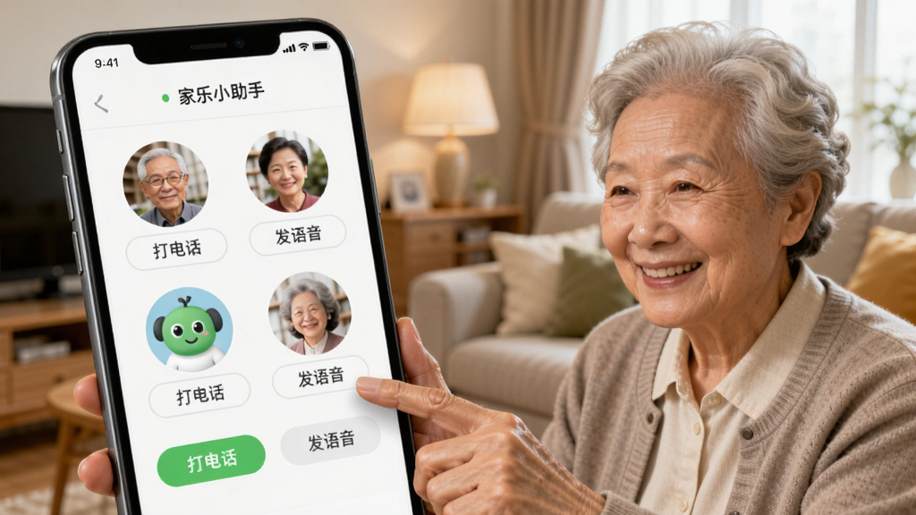 手机屏幕显示“家乐小助手”亲情联系人界面,几个圆形头像排列,每个头像下方有“打电话”“发语音”按钮,一位老人笑着点击屏幕,背景是客厅,风格亲切温暖,细节表现头像和按钮,画质清晰干净,无多余元素