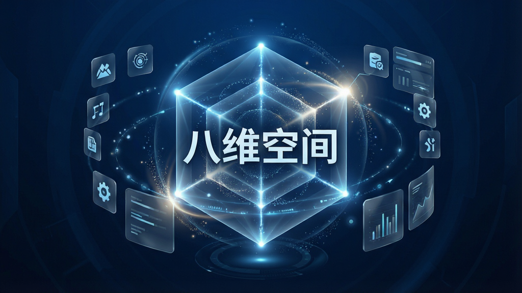 一张展示八维空间应用主界面的概念图,画面中心是一个发光的立体多维空间结构,悬浮在深蓝色科技感背景中,周围环绕着各种功能图标与数据流,布局中心突出空间结构,排版简洁现代,风格为科技感数字艺术,细节包含光晕、粒子效果与半透明玻璃质感,画质为4K超清,画面干净无多余元素,中间有“八维空间”文字