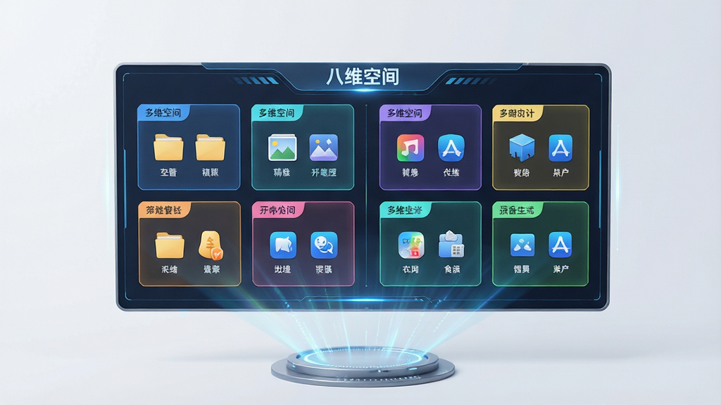 一张展示八维空间多维管理功能的预览图,画面中是一个悬浮的虚拟控制台,展示着不同颜色标签的空间模块,模块内包含文件、图片、应用等图标,主体为控制台,布局为左右分栏,排版清晰有序,风格为未来科技感,细节有全息投影效果与发光线条,画质为高清渲染,画面干净整洁,带有“八维空间”字样