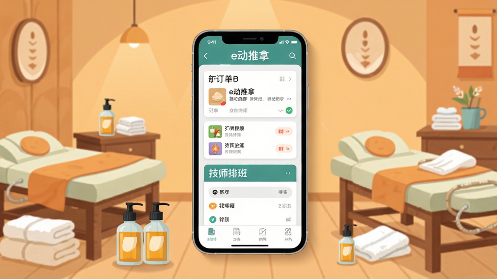 一张展示推拿按摩门店场景的插画,画面中央放置一部智能手机,手机屏幕上显示“e动推拿”软件主界面,界面包含订单列表和技师排班模块。手机周围环绕着推拿床、精油瓶、毛巾等服务用品,背景是暖色调的推拿房间。布局采用中心构图,手机位于画面正中间,四周元素对称分布。风格为扁平化商业插画,细节包括手机界面上的卡片式布局和柔和阴影,画质清晰干净,无多余元素。