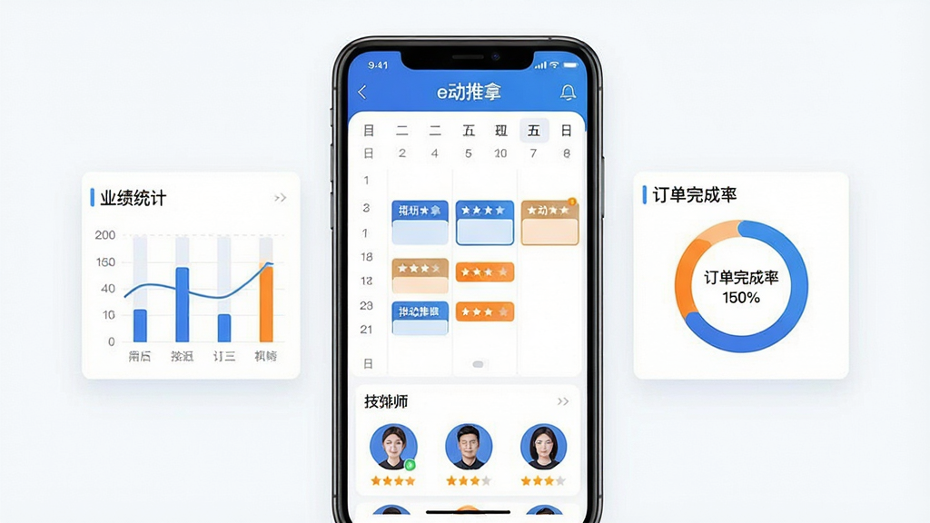一张展示“e动推拿”软件技师排班界面的手机截图风格插画,画面主体是一部竖直放置的智能手机,屏幕显示排班日历和技师头像列表。手机左侧漂浮着业绩统计图表,右侧漂浮着订单完成率环形图。布局采用手机居中、两侧数据图表环绕的对称结构。风格为现代科技感UI插画,细节包括蓝色和橙色的数据高亮、日历上的排班标记、技师头像旁的星级评分。画质高清,背景干净无杂乱元素。