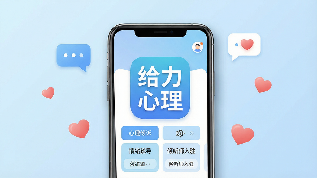 一张展示给力心理应用程序主界面的预览图,画面中央放置一部智能手机,手机屏幕上显示“给力心理”四个大字的应用图标和简洁的首页界面,界面中包含“心理倾诉”、“情绪疏导”、“倾听师入驻”等文字模块。背景为柔和的浅蓝色渐变,周围点缀着对话气泡和爱心元素。布局采用居中构图,风格清新简约,细节上手机边缘有轻微阴影,画质清晰干净,无多余元素。