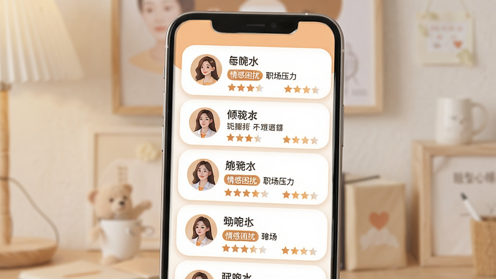给力心理应用内倾听师列表页面的预览图,画面展示手机屏幕中多位倾听师的个人卡片,每张卡片包含头像、昵称、擅长领域标签如“情感困扰”、“职场压力”以及星级评分。布局为纵向列表排列,风格温暖柔和,主色调为浅橙色与白色搭配,细节上卡片带有圆角和轻微阴影,画质清晰干净,无多余元素。