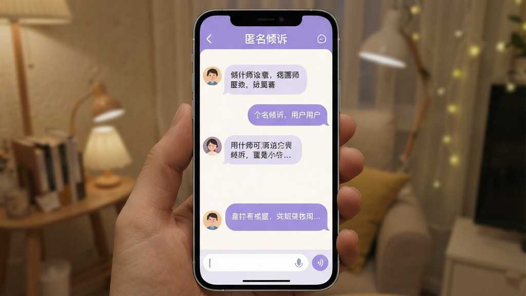一张给力心理应用内聊天界面的预览图,手机屏幕显示对话气泡,左侧为倾听师头像与消息,右侧为用户消息,界面顶部有“匿名倾诉”标识,底部有输入框和语音按钮。布局为典型聊天窗口,风格温馨私密,主色调为淡紫色与白色,细节上气泡圆润,画质清晰干净,无多余元素。