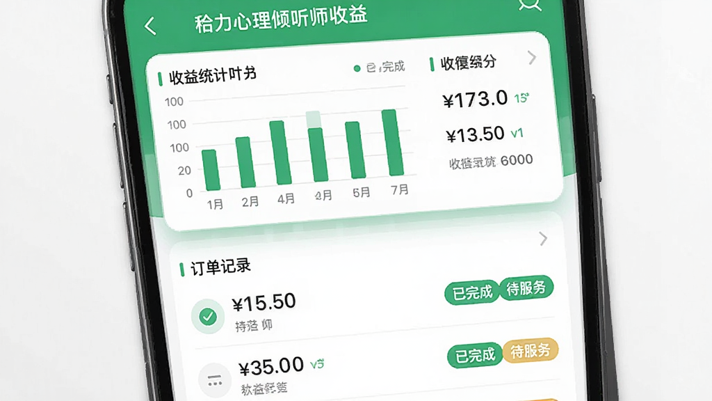 给力心理倾听师收益界面的预览图,手机屏幕显示收益统计图表和订单记录列表,图表包含柱状图和数字金额,订单记录中有“已完成”、“待服务”等状态标签。布局为上下结构,上方为图表下方为列表,风格现代简洁,主色调为绿色与白色,细节上数字清晰可辨,画质干净,无多余元素。