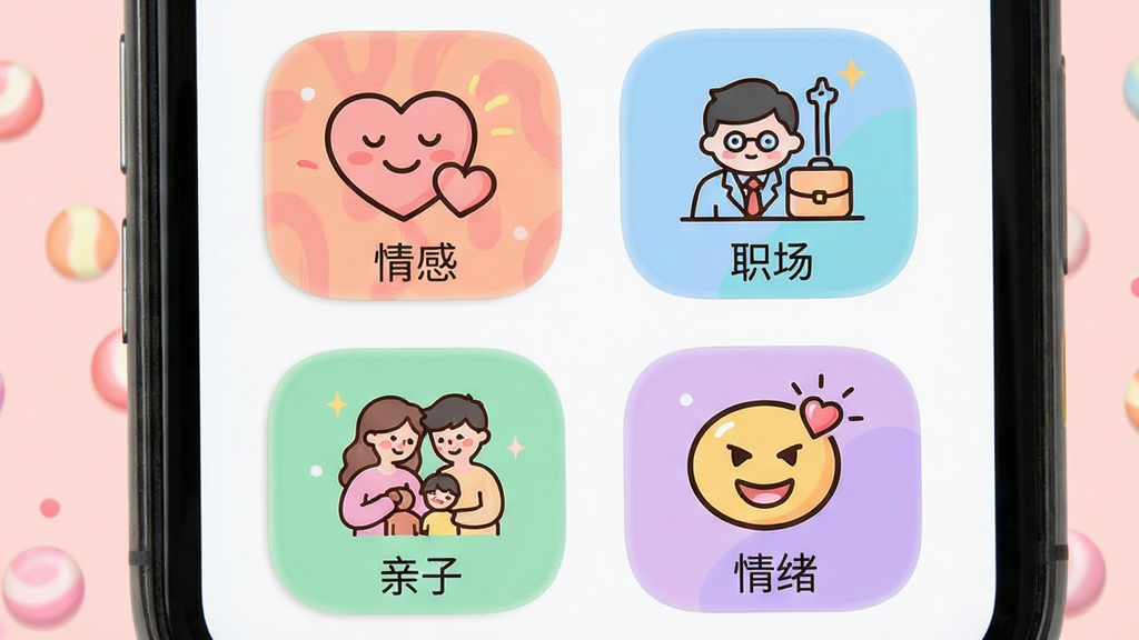 给力心理多场景服务分类页面的预览图,手机屏幕展示网格状排列的服务分类图标,包括“情感”、“职场”、“亲子”、“情绪”等标签,每个图标配有简洁的线条插画。布局为四宫格或六宫格排列,风格活泼明快,主色调为多彩糖果色,细节上图标圆润可爱,画质清晰干净,无多余元素。