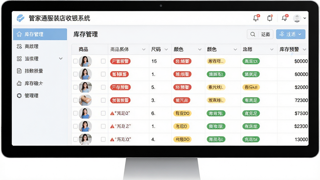 “管家通服装店收银系统”库存管理界面截图,画面展示商品列表与库存数量表格,包含尺码、颜色、库存预警标识等列,界面风格为清爽浅色商务风,布局为顶部导航加左侧菜单加右侧数据表格,细节包括红色预警标签、绿色充足标识,画质高清,画面干净,无多余元素