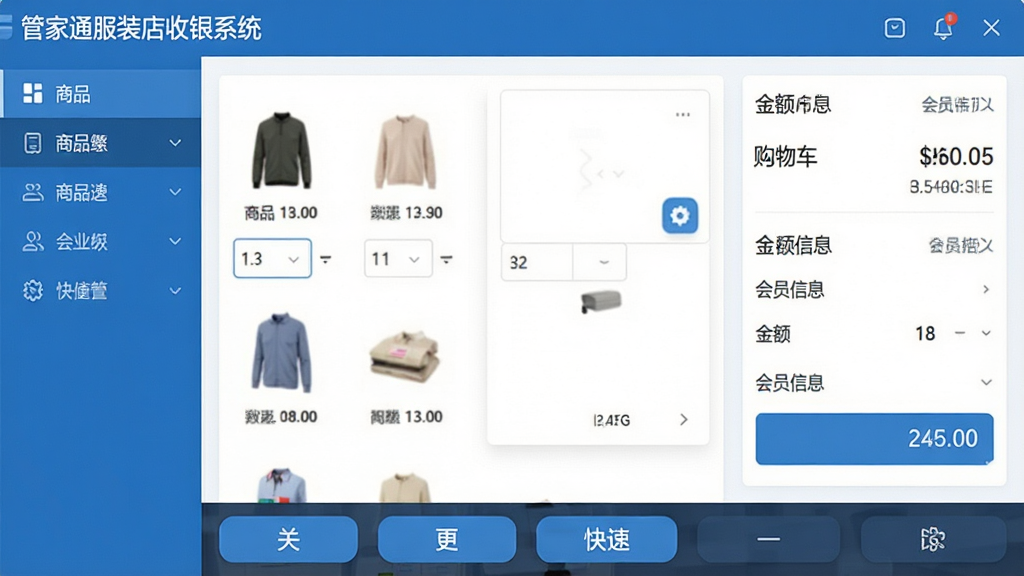 软件名称“管家通服装店收银系统”主界面展示,画面中央为收银结算页面,左侧为商品分类导航栏,右侧为购物车与金额结算区,底部为快捷操作按钮,整体采用蓝色与白色商务配色,布局清晰整洁,风格为现代扁平化UI设计,细节包括商品缩略图、数量输入框、会员信息栏,画质高清,画面干净,无多余元素