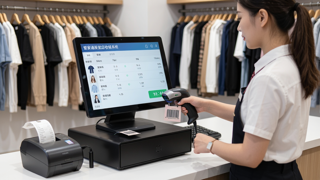 服装店收银台场景,收银员使用“管家通服装店收银系统”扫描服装吊牌条码,电脑屏幕上显示商品清单与结算金额,旁边放置扫码枪和小票打印机,画面风格为真实商业摄影,细节包括服装货架背景、收银台整洁桌面,画质清晰,画面干净,无多余元素