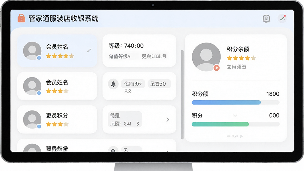 “管家通服装店收银系统”会员管理页面,画面展示会员信息卡片与积分进度条,包含会员姓名、等级、储值余额、积分数量等字段,界面风格为柔和圆角卡片式设计,布局为左侧会员列表加右侧详情面板,细节包括头像占位图、星级标识,画质高清,画面干净,无多余元素
