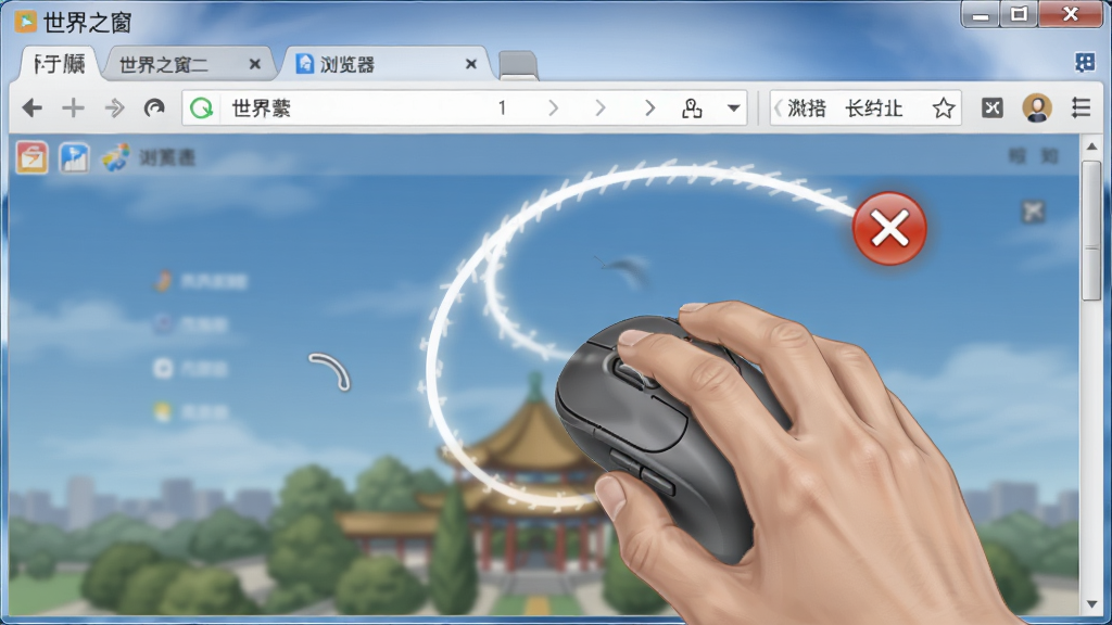 世界之窗浏览器鼠标手势操作演示,画面中一只手握鼠标在浏览器页面上划出弧线轨迹,轨迹末端显示关闭标签页的图标,页面背景为世界之窗浏览器界面,风格为写实插画风,细节上体现鼠标手势轨迹线、右键按压效果和功能图标,画面简洁明了,画质高清,无杂乱背景