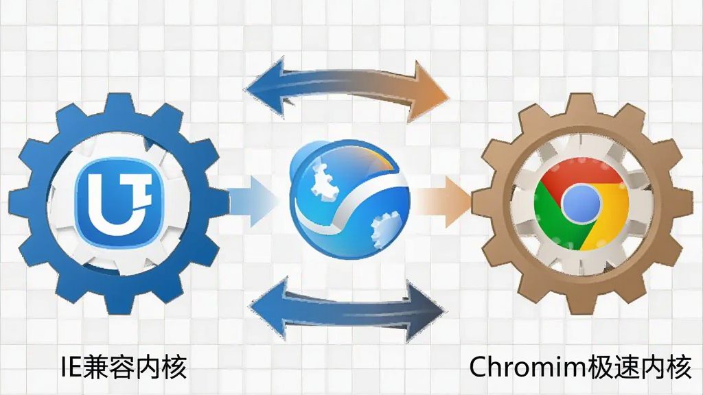世界之窗浏览器双核切换功能示意图,画面中央是世界之窗浏览器图标,左右两侧分别延伸出两个齿轮图形,左侧齿轮标注IE兼容内核,右侧齿轮标注Chromium极速内核,中间有双向箭头表示智能切换,背景为浅灰色网格,风格为信息图表风,细节上体现内核图标与切换箭头,画面干净整洁,高清画质