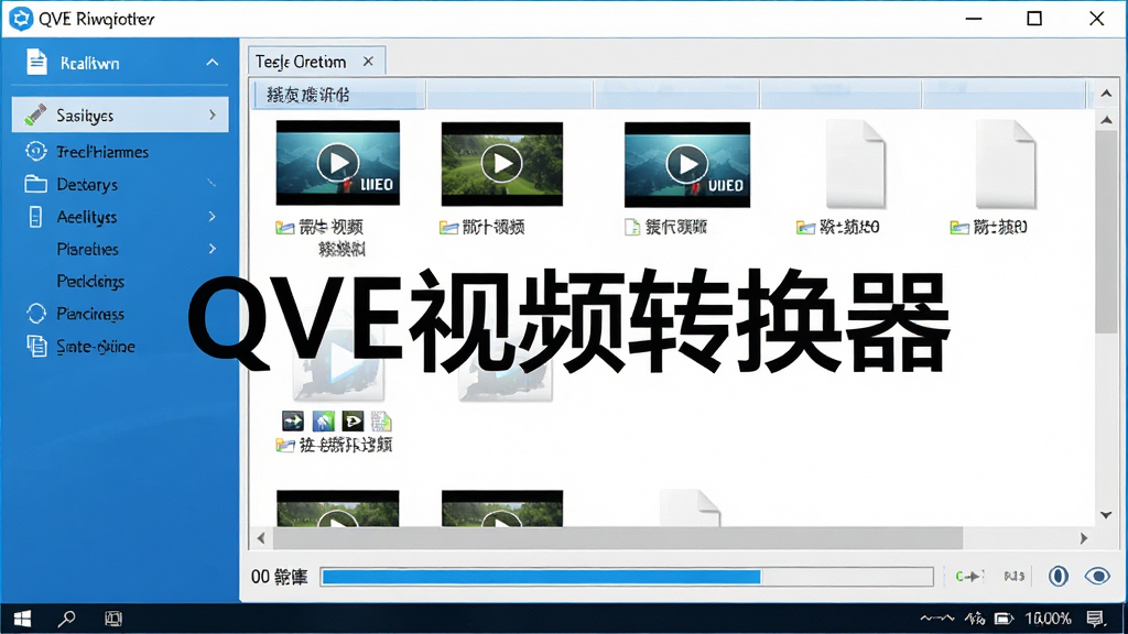 一张展示QVE视频转换器在Windows电脑上运行时的操作界面截图,画面中显示软件主窗口,左侧导航栏清晰可见,右侧文件列表中有多个视频文件,底部有转换进度条,界面风格简洁专业,配色以蓝白为主,画面中央有“QVE视频转换器”字样,画质清晰,无多余元素