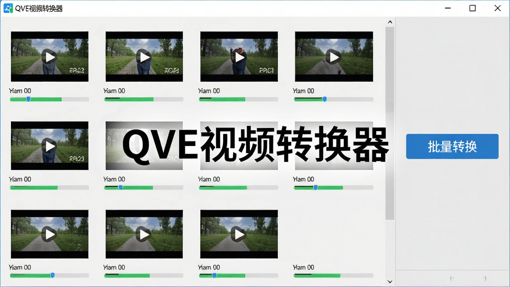 一张展示QVE视频转换器批量转换功能的图片,画面中显示软件界面上排列着多个视频文件缩略图,每个文件下方有进度条显示转换进度,界面右侧有“批量转换”按钮,整体风格简洁高效,背景是浅灰色工作区,画面中央有“QVE视频转换器”标识,画质清晰无杂乱
