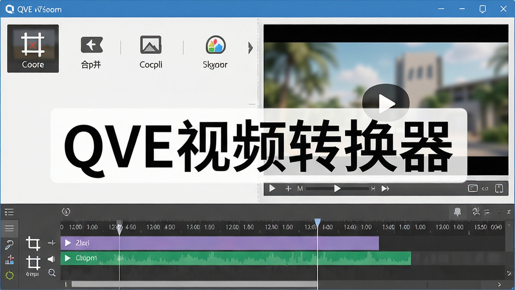 一张展示QVE视频转换器视频编辑功能的图片,画面中显示软件界面上的编辑工具栏,包括裁剪、合并、水印等图标按钮,旁边有视频预览窗口,窗口下方是时间轴,整体布局清晰直观,界面风格现代,画面中央有“QVE视频转换器”品牌名称,画质干净清晰