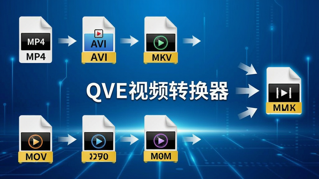 一张展示QVE视频转换器格式转换功能的图片,画面中显示多个视频文件图标排列成一行,每个图标旁边标注着不同的格式名称如“MP4”“AVI”“MKV”“MOV”,箭头指向一个统一的输出格式图标,背景是科技感十足的蓝色渐变,画面中央有“QVE视频转换器”品牌标识,风格简洁专业,画质清晰
