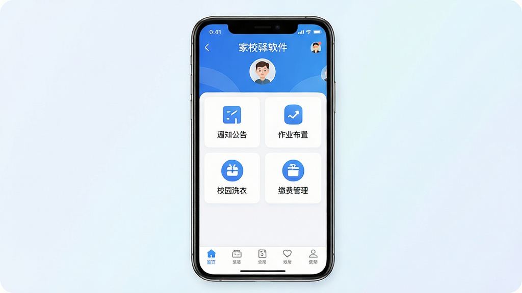 家校驿软件主界面预览图,画面中央展示一部智能手机,屏幕上呈现家校驿App的首页布局,顶部为学校名称与用户头像,中部排列通知公告、作业布置、校园洗衣、缴费管理等功能图标,底部为导航栏。整体采用蓝白清新配色,界面干净整洁,文字清晰可辨,背景为柔和的浅色渐变,风格现代简约,画质高清,无多余元素。