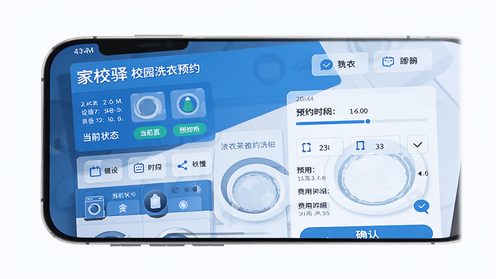 家校驿校园洗衣预约界面图,画面展示手机屏幕中洗衣服务页面,包含洗衣机设备编号、当前状态、预约时间段选择、费用明细与确认按钮。界面以蓝色为主,配以洗衣机图标与进度条,布局清晰,风格清爽干净,画质高清,背景为白色,无多余装饰。