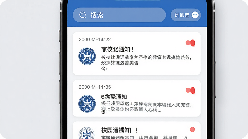 家校驿通知推送功能展示图,画面展示手机屏幕中家校驿的通知列表页面,多条校园通知按时间排列,每条通知带有学校徽标、标题、摘要与未读红点标记,顶部有搜索与筛选按钮。界面采用卡片式设计,蓝白主色调,文字排版整齐,背景为浅灰色,风格商务简洁,画质清晰,无杂乱元素。