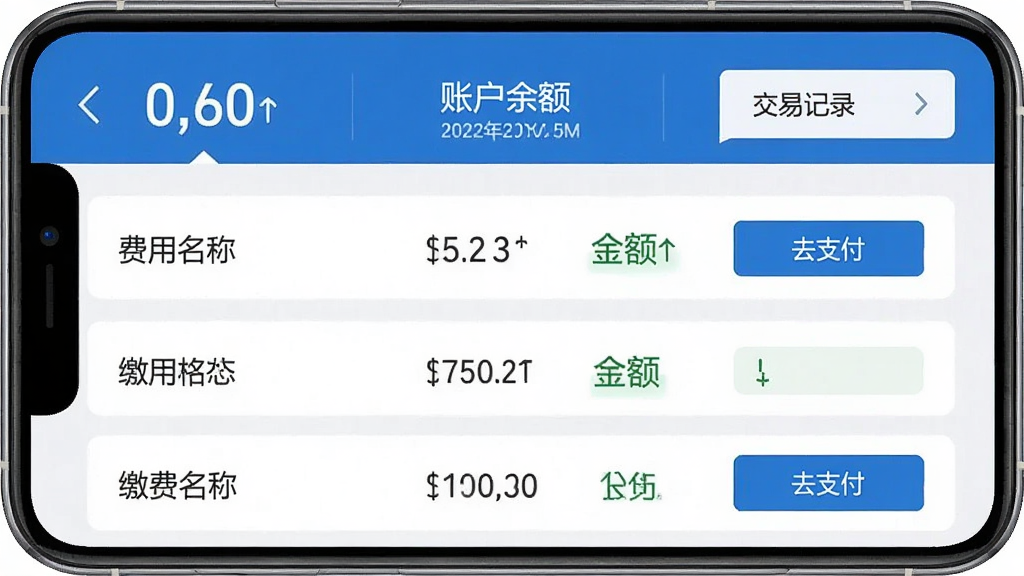 家校驿缴费管理页面预览图,画面展示手机屏幕中缴费项目列表,包含费用名称、金额、缴费状态与去支付按钮,顶部显示账户余额与交易记录入口。界面以蓝白为基调,数字突出显示,排版规整,背景简洁,风格商务实用,画质清晰锐利,无杂乱信息。