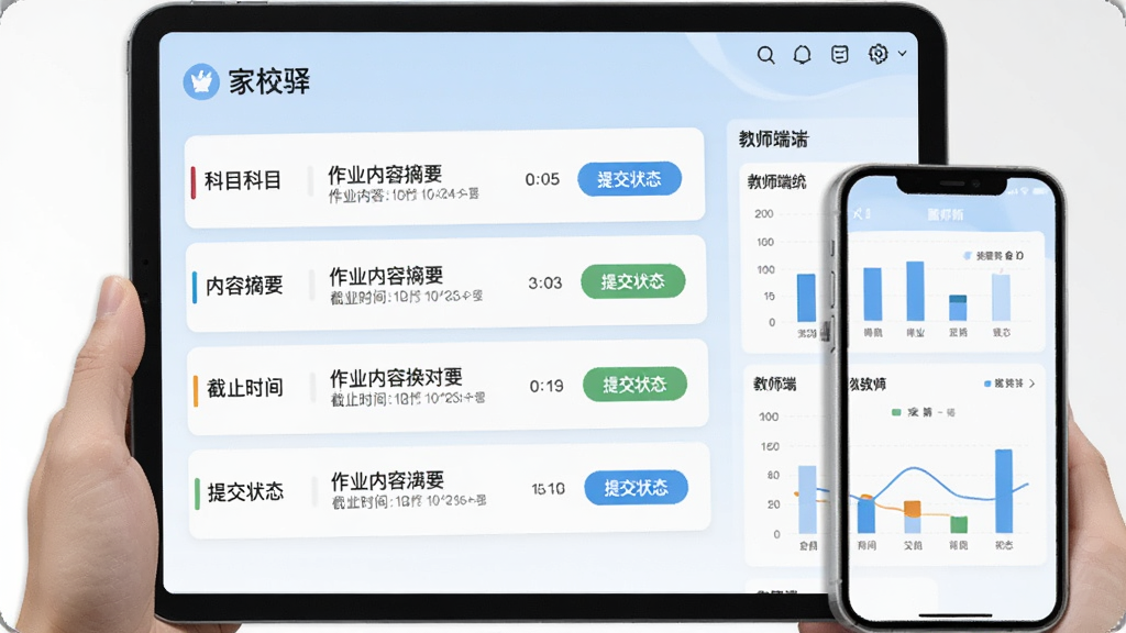 家校驿作业管理功能示意图,画面展示平板或手机屏幕上家校驿的作业列表,包含科目名称、作业内容摘要、截止时间与提交状态按钮,右侧有教师端统计图表。界面采用浅蓝与白色搭配,卡片式布局,文字清晰,风格教育类应用常用简洁风,画质干净,无冗余元素。