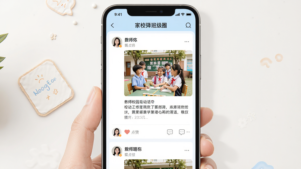 家校驿班级圈互动界面图,画面展示手机屏幕中班级圈动态流,包含教师发布的校园活动照片、文字描述、点赞与评论区域,头像与昵称清晰可见。界面采用暖色调点缀,整体以白色与浅蓝为主,风格温馨友好,排版整齐,画质高清,背景干净无杂物。
