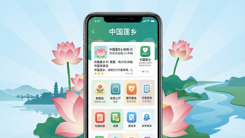 画面中央一部智能手机竖屏展示“中国莲乡”APP主界面,界面包含新闻资讯、政务公开、便民服务等模块,手机周围环绕湘潭县标志性莲花图案与湘江风光剪影,背景为淡蓝色渐变,整体布局采用居中放射式构图,风格为扁平化现代UI设计,细节包含清晰的应用图标与文字标签“中国莲乡”,画质高清,干净,无多余元素