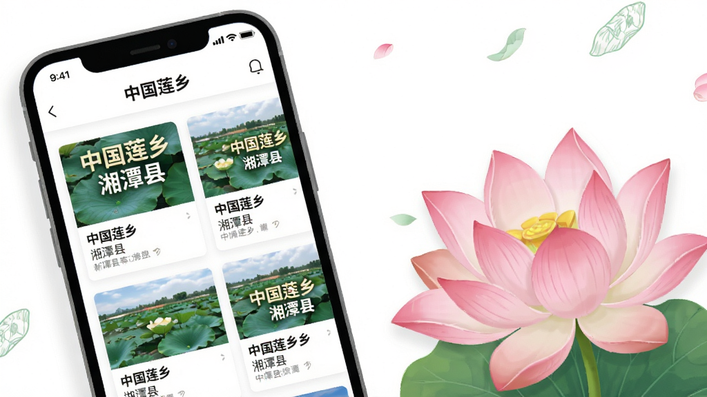 手机屏幕展示“中国莲乡”资讯列表页面,页面中排列着湘潭县本地新闻卡片,每张卡片配有缩略图与标题文字,背景为白色,手机旁放置一朵粉色莲花作为装饰,构图采用左手机右莲花的平衡布局,风格为清新简约的数字插画,细节突出新闻卡片上的文字“中国莲乡”与“湘潭县”,画质高清,干净,无多余元素