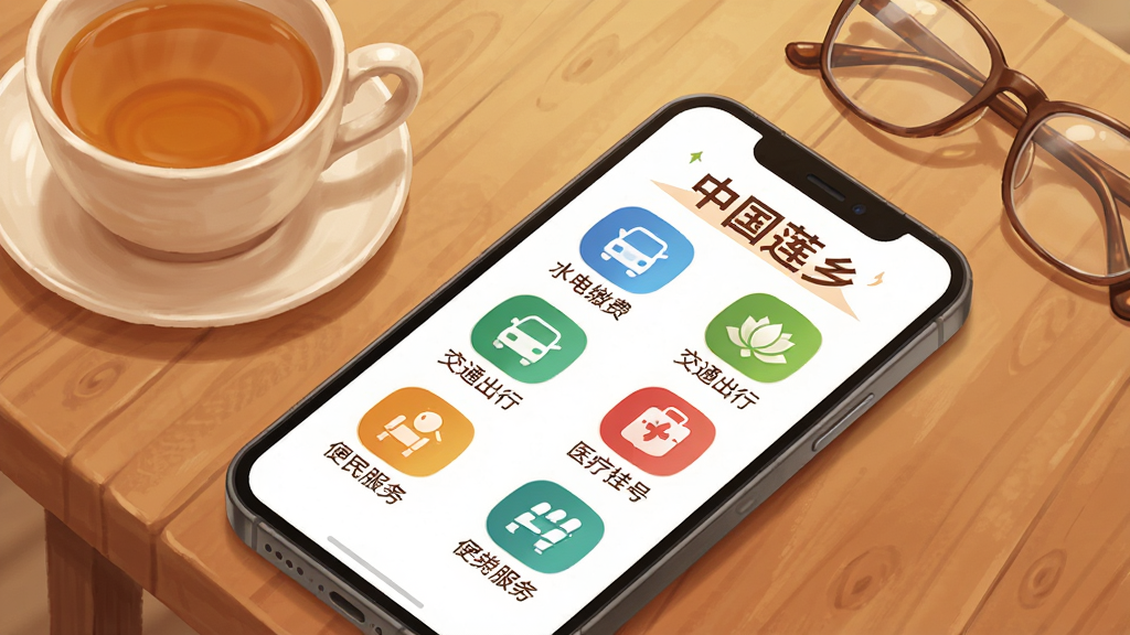 手机屏幕展示“中国莲乡”便民服务页面,页面中排列着水电缴费、交通出行、医疗挂号等彩色图标,手机放置在木质桌面上,旁边有一杯茶与一副眼镜,构图采用俯视45度视角,风格为温暖生活化数字插画,细节突出屏幕上的“中国莲乡”字样与便民服务图标,画质高清,干净,无多余元素