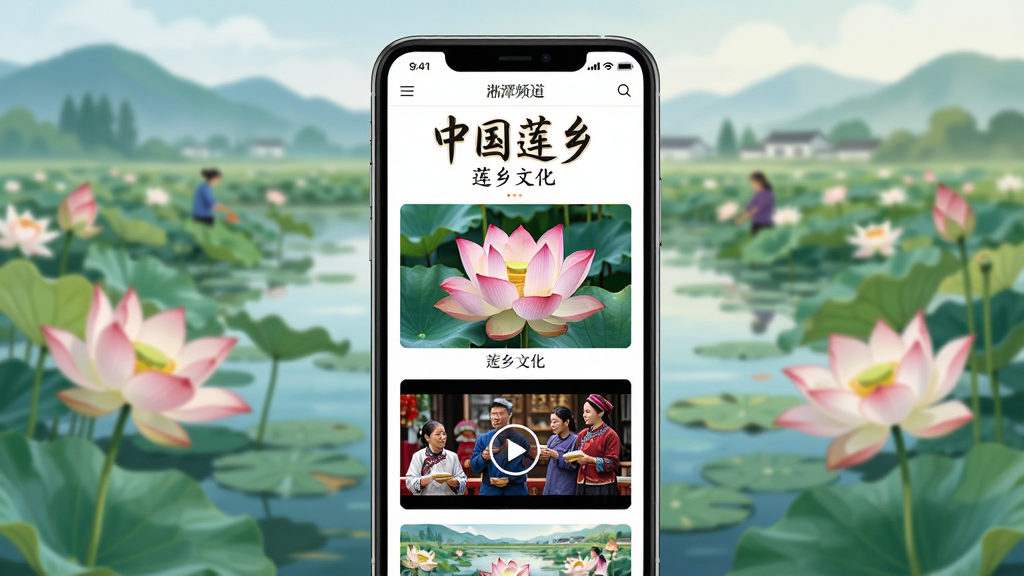 手机屏幕展示“中国莲乡”文化频道页面,页面中呈现莲花摄影作品与民俗活动视频封面,手机背景为湘潭县莲塘实景虚化,构图采用手机居中、莲塘环绕的沉浸式布局,风格为唯美中国风数字插画,细节突出屏幕上的“中国莲乡”与“莲乡文化”文字,画质高清,干净,无多余元素
