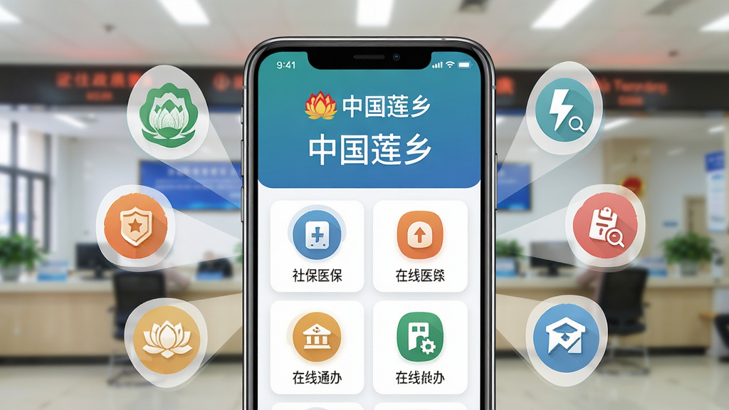 画面展示“中国莲乡”APP政务办事页面,手机屏幕中呈现社保、医保、公积金等图标按钮,背景为政务大厅的虚化场景,构图采用手机居中、图标环绕的放射状布局,风格为现代化扁平商务插画,细节突出屏幕上的“中国莲乡”标识与“在线通办”文字,画质高清,干净,无多余元素